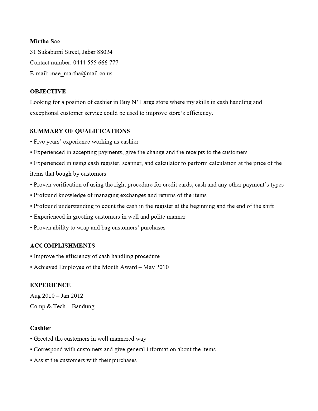 Curriculum Vitae Kasir yang Menarik