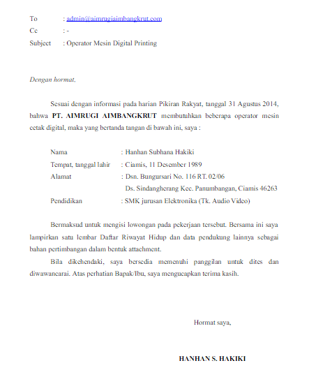 Contoh Surat Lamaran Kerja Via Email Bahasa Indonesia - Kumpulan Contoh Surat Dan Soal Terlengkap