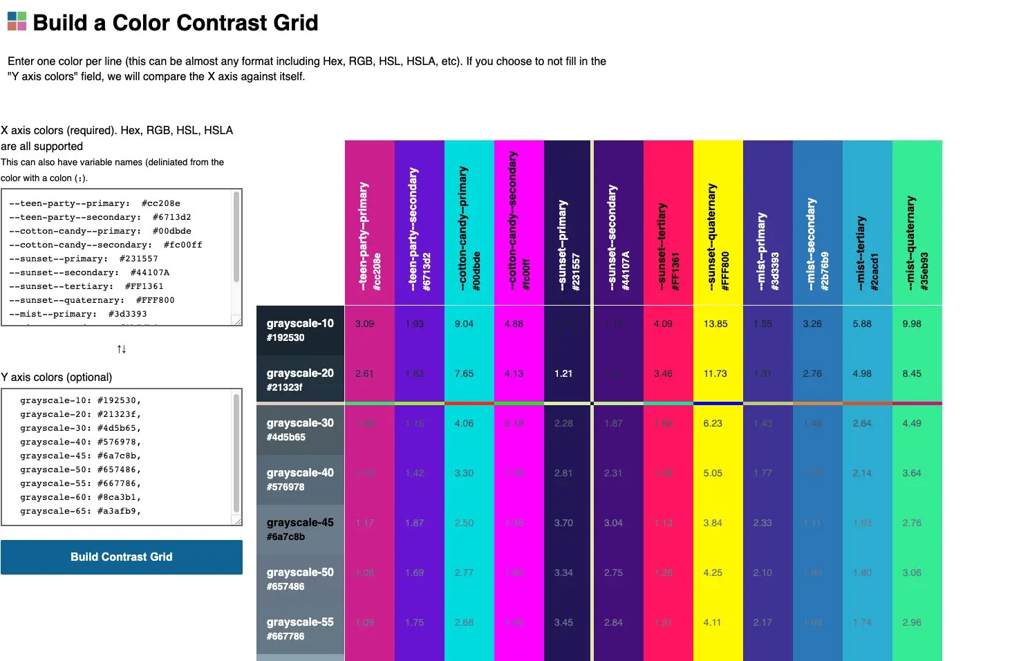 Color Contrast Grid Create a color grid showing contrast ratios