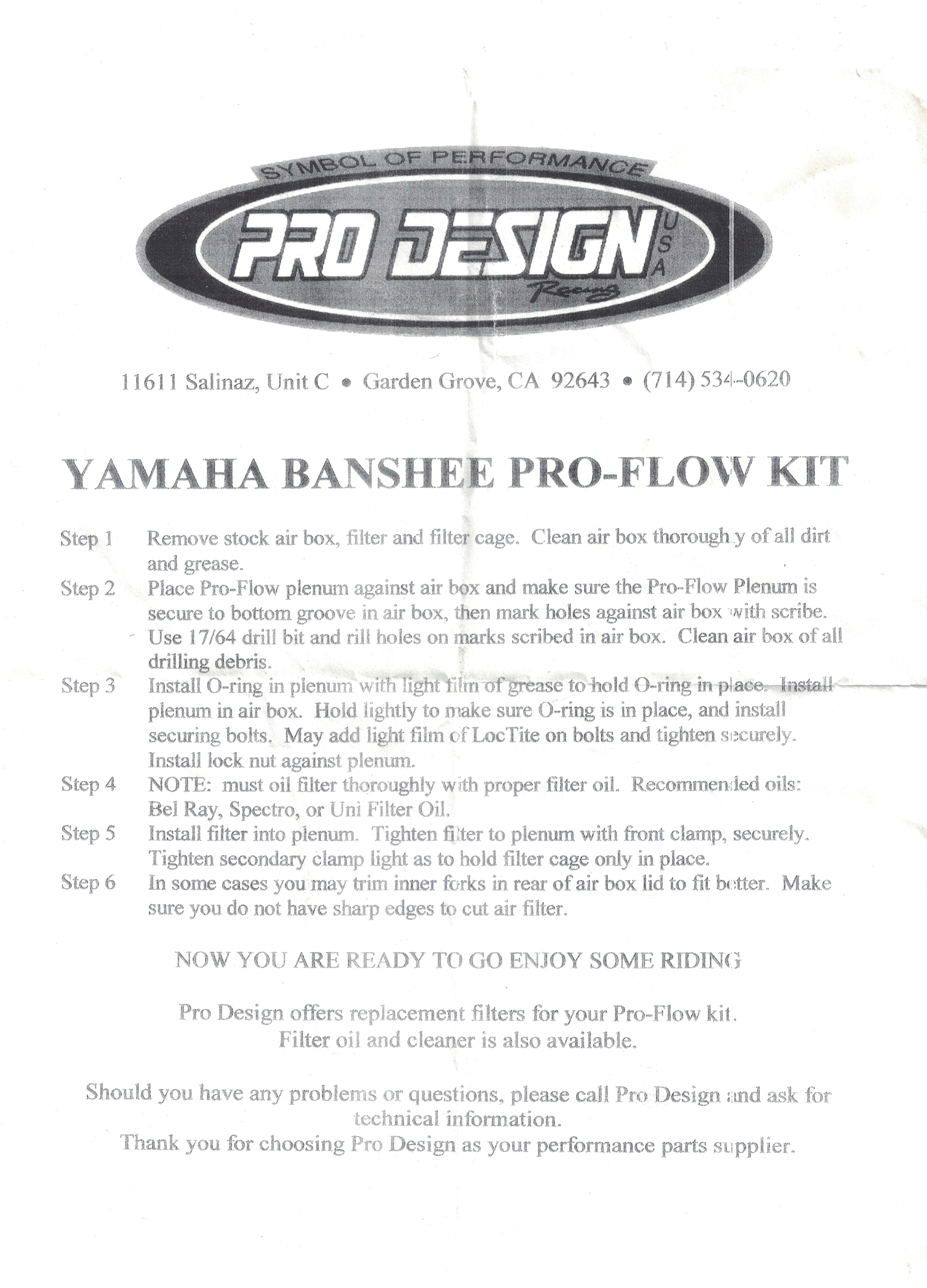 Banshee Pro Design Pro Flow Foam Air Filter Adapter Intake Kit YFZ350