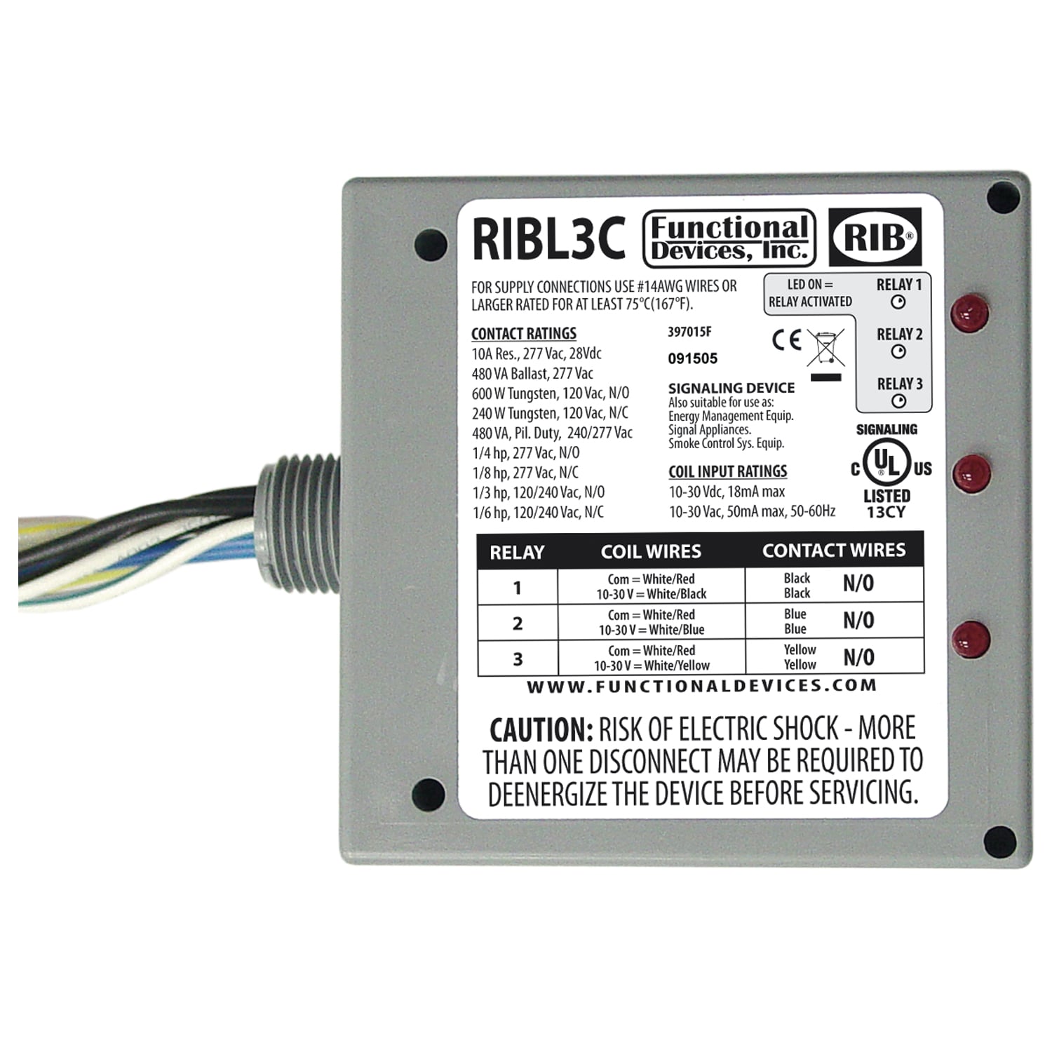 Functional Devices (RIB) RIBL3C Enclosed Relays 10Amp 3 SPSTNO 10