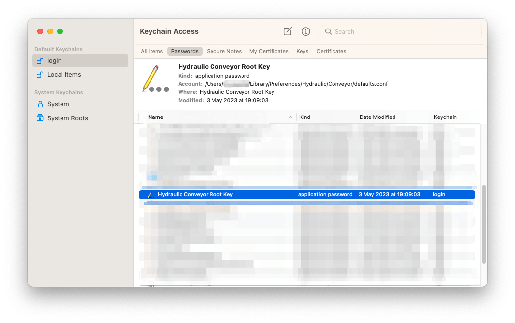 Keys and certificates Hydraulic Conveyor