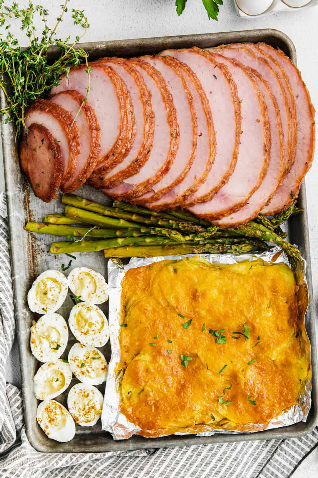 Sheet Pan Easter Dinner with Ham, Scalloped Potatoes, Asparagus, and