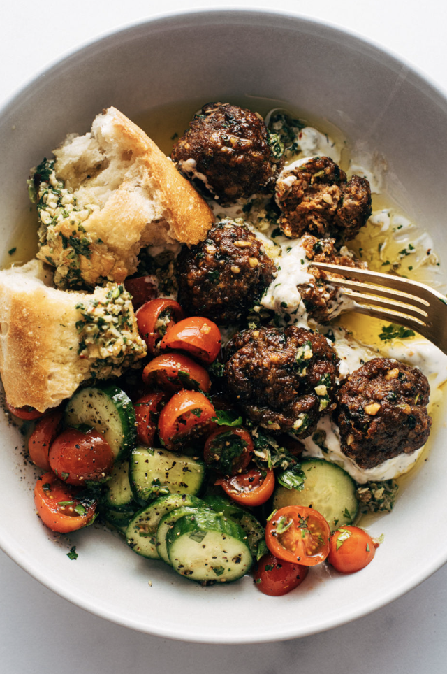 Sheet Pan Meatballs with Tomato Salad and Green Sauce — Recipes