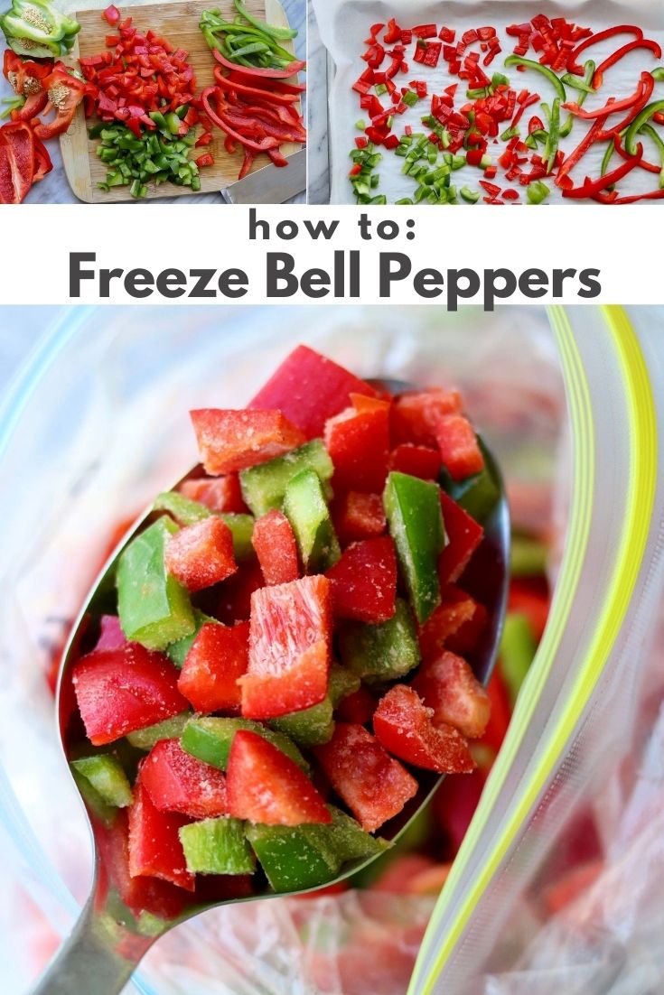 Pinterest graphic wit a collage of photos of frozen bell peppers with the words "How to freeze Bell Peppers."