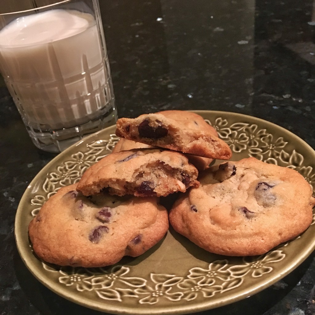 Dark Chocolate Chip Cookies with Toasted Almonds and Dried Cherries