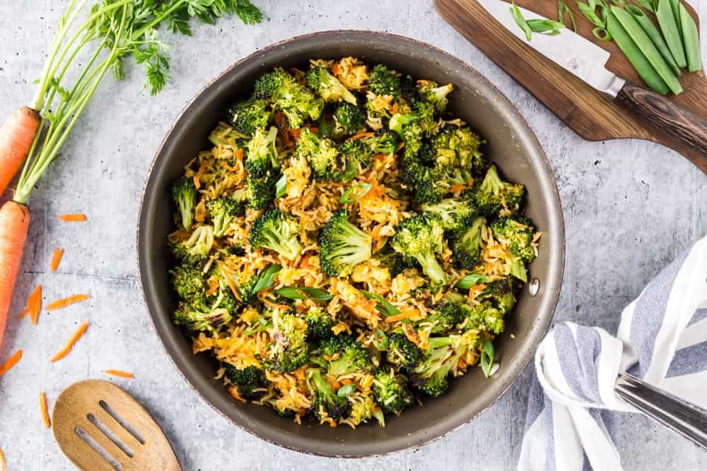 Vegetarian Fried Rice with Roasted Broccoli Cooking and Cussing