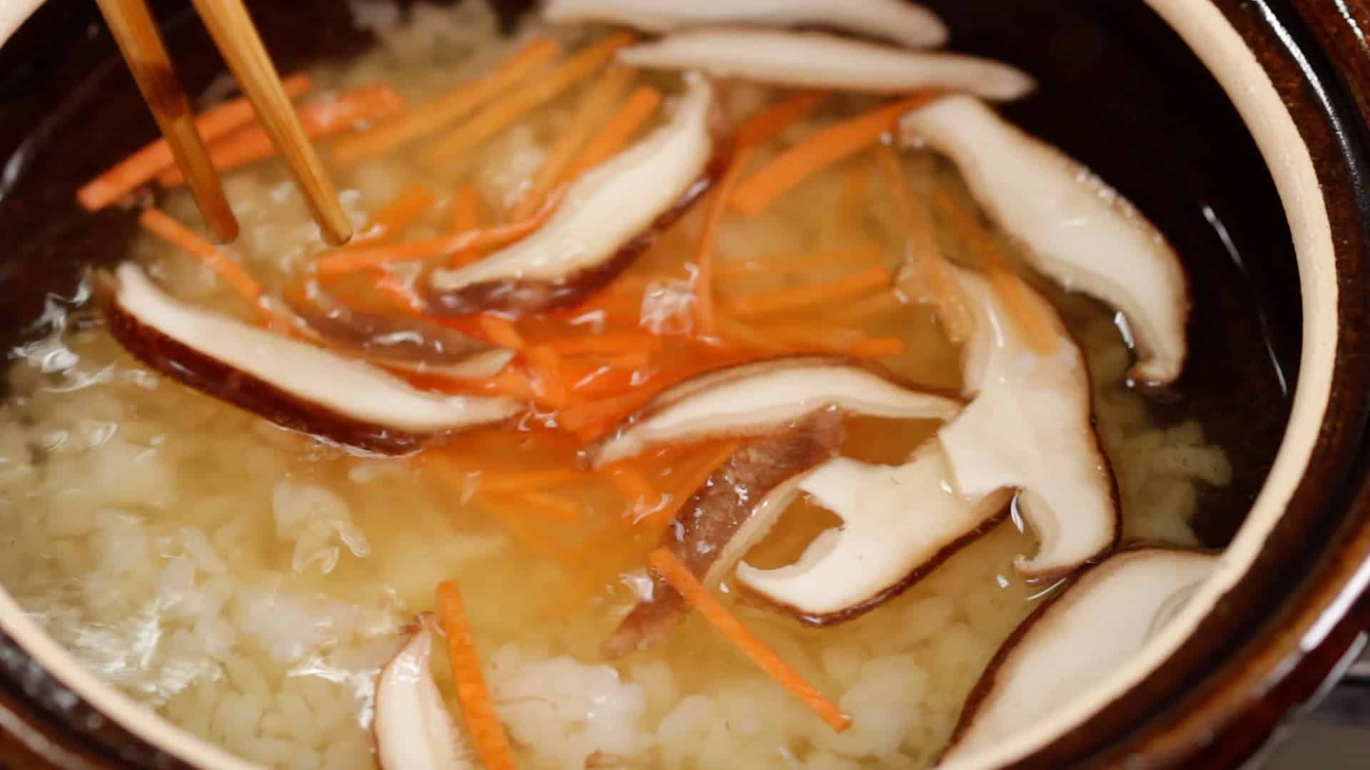 Garlic Chive EggDrop Zosui Recipe (Japanese Rice Soup with Shiitake