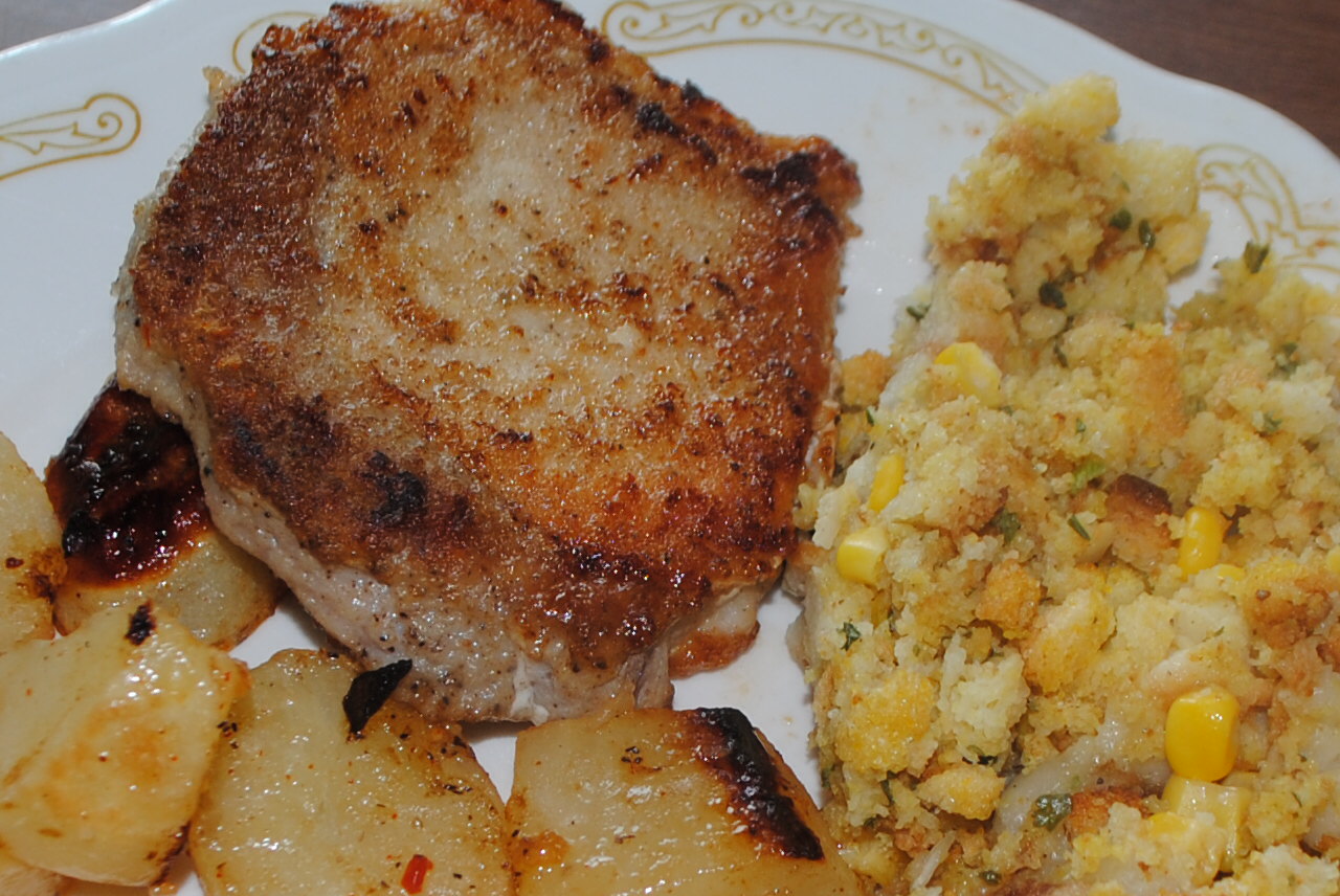 SAUTEED BONELESS PORK CHOPS WITH A EASY CORN STUFFING