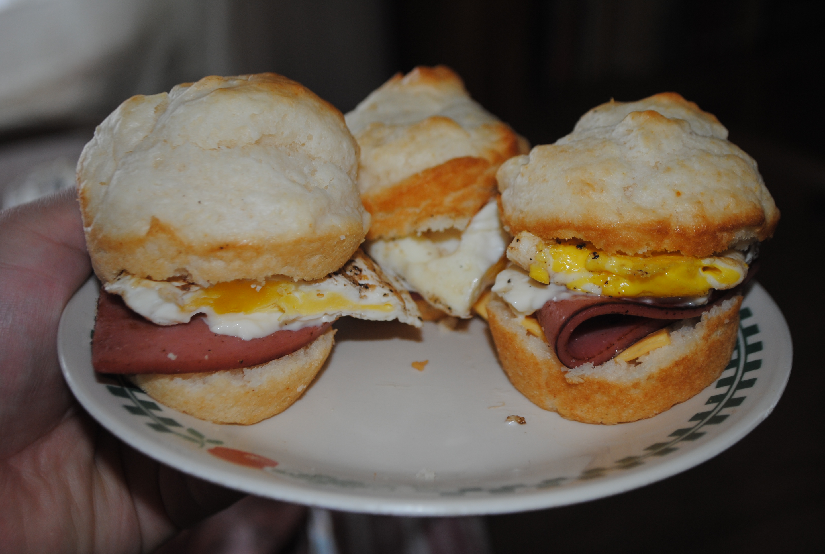 FRIED BOLOGNA EGG N’ CHEESE BISCUITS