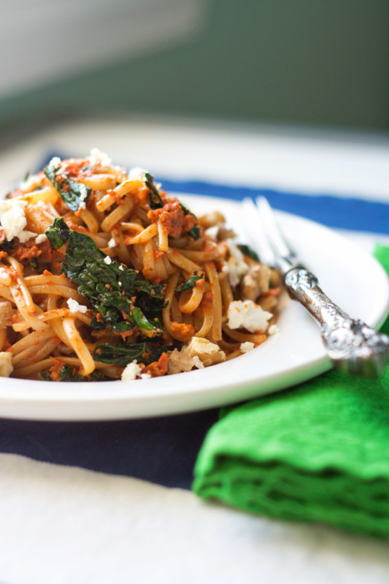 Roasted Red Pepper Pesto Pasta with Kale and Feta • Cook Like A Champion