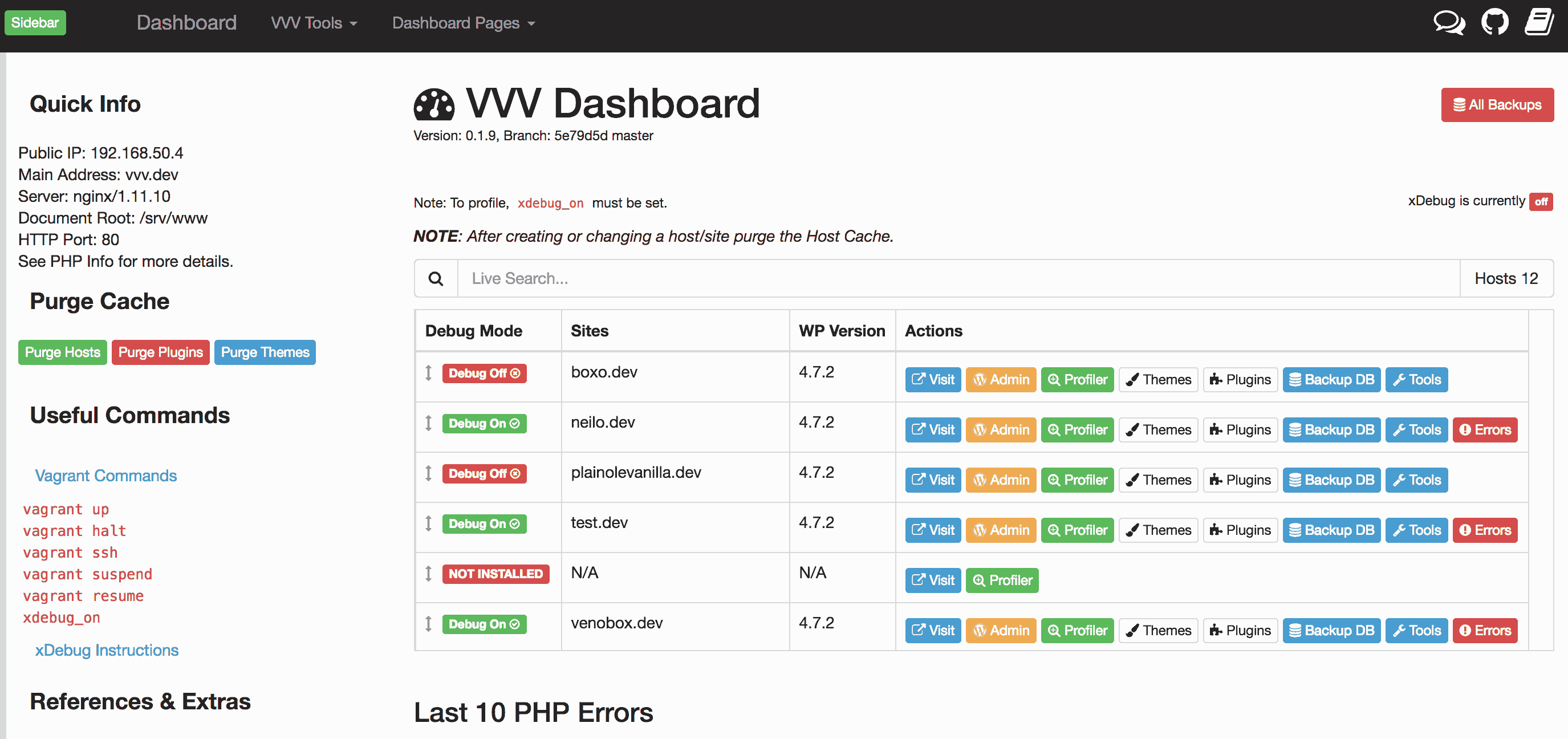Admin Page to View Sites VVV Vagrant WordPress Set Up