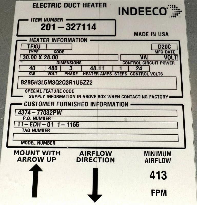 INDEECO ELECTRIC DUCT HEATER 201327114 TFXU 30×28 (UNUSED) Cooper