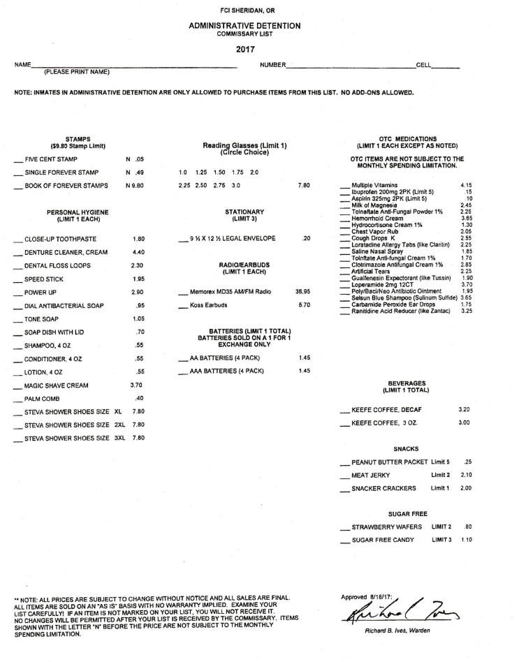 FCI Sheridan SHU Commissary Sheet for Administrative Detention
