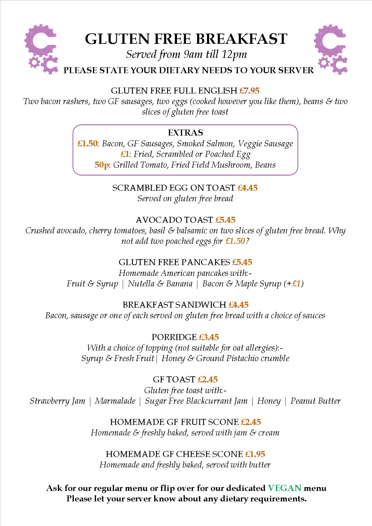 Gluten Free Menu Copper Cogs