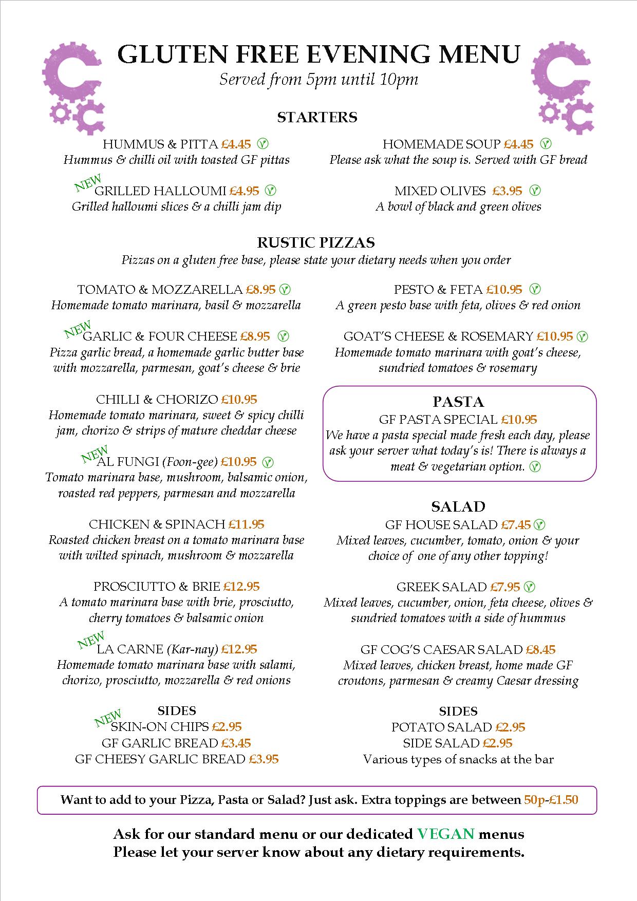 Gluten Free Menu Copper Cogs