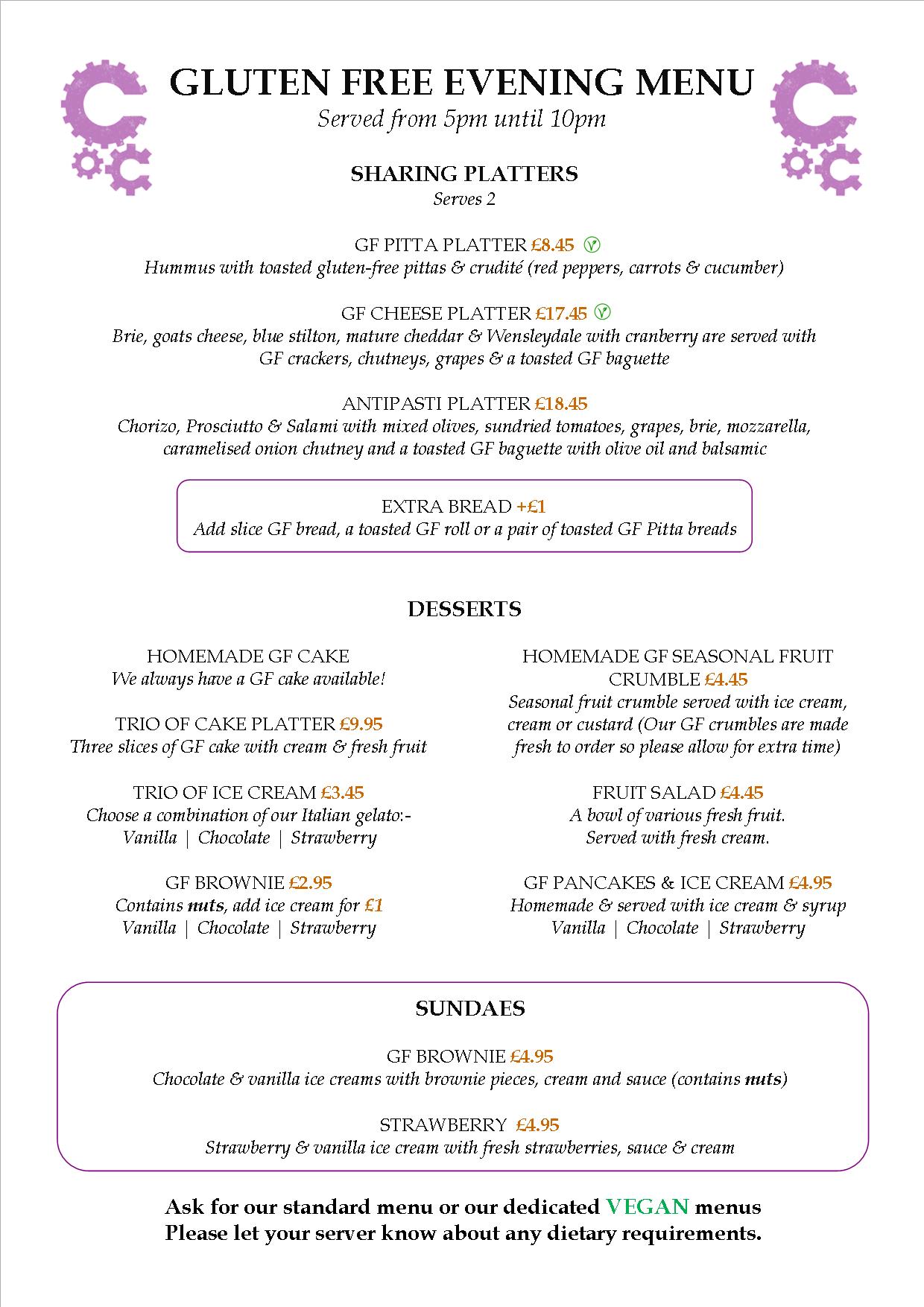 Gluten Free Menu Copper Cogs