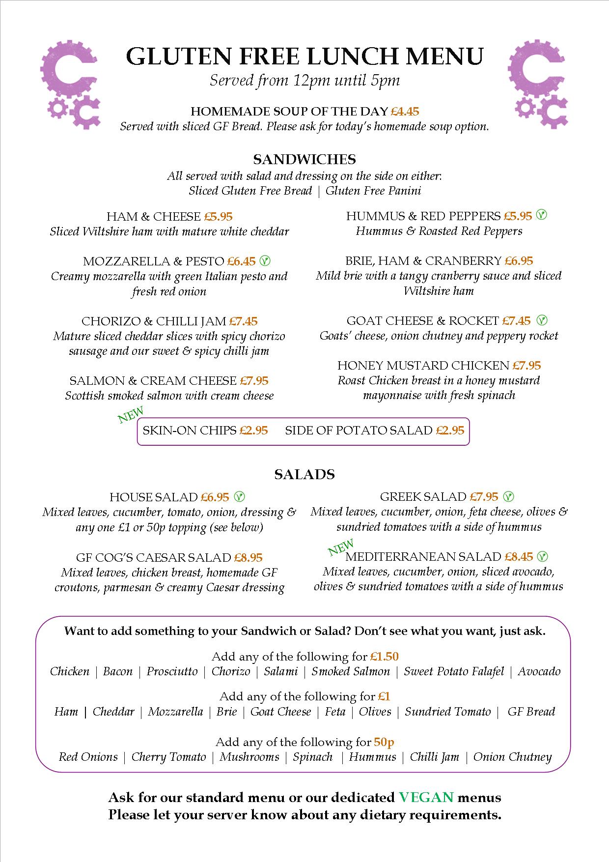 Gluten Free Menu Copper Cogs