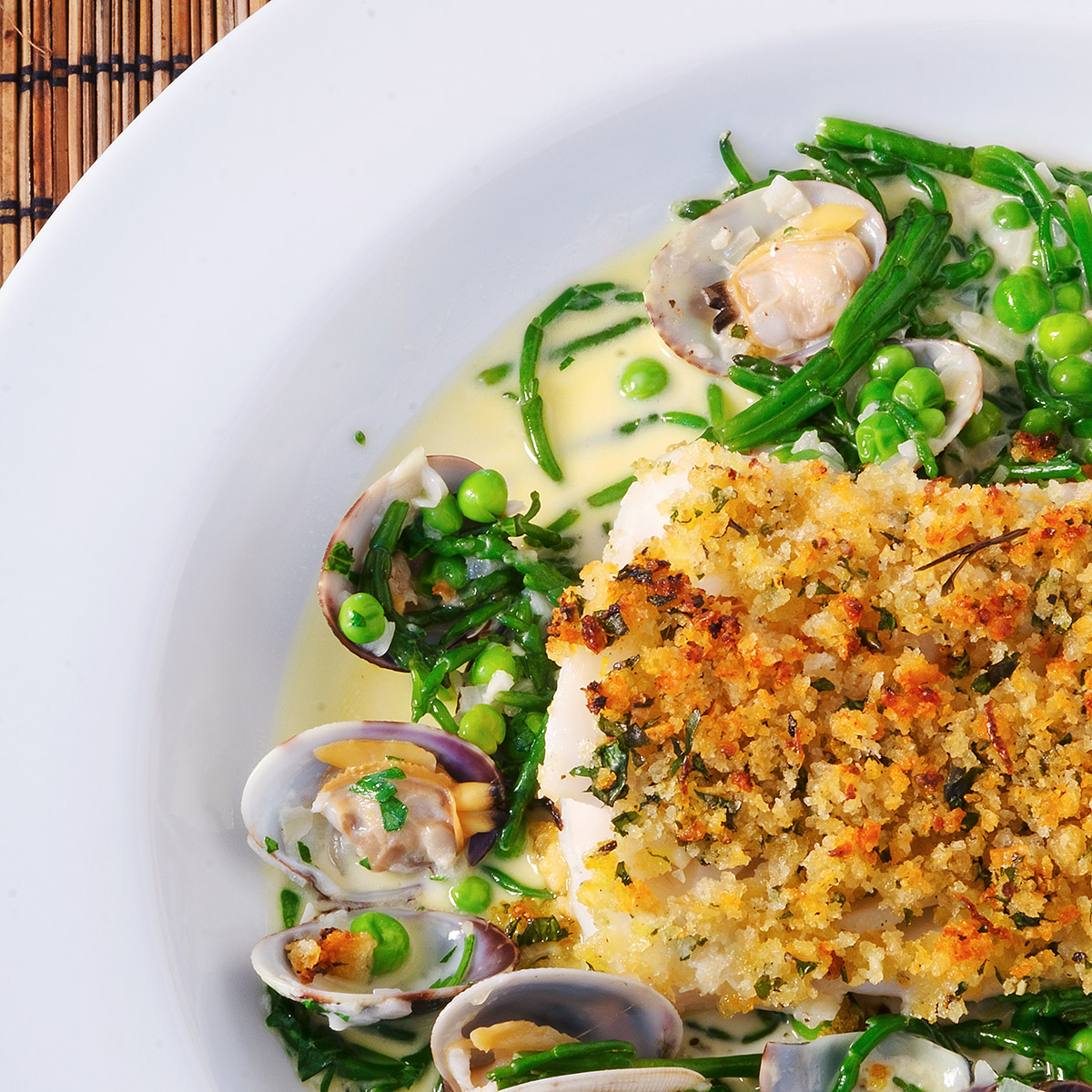 Roast Cod with Clams, Samphire and Peas Nunc Est Coquendum