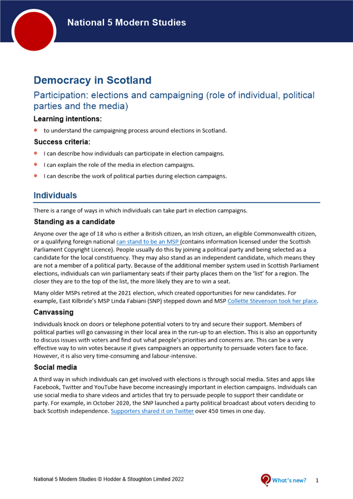 Worksheet elections and campaigning Boost