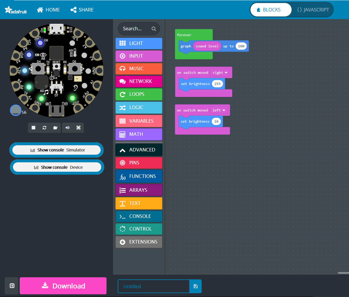 Sound Reactive Lights using MakeCode Adafruit Circuit Playground