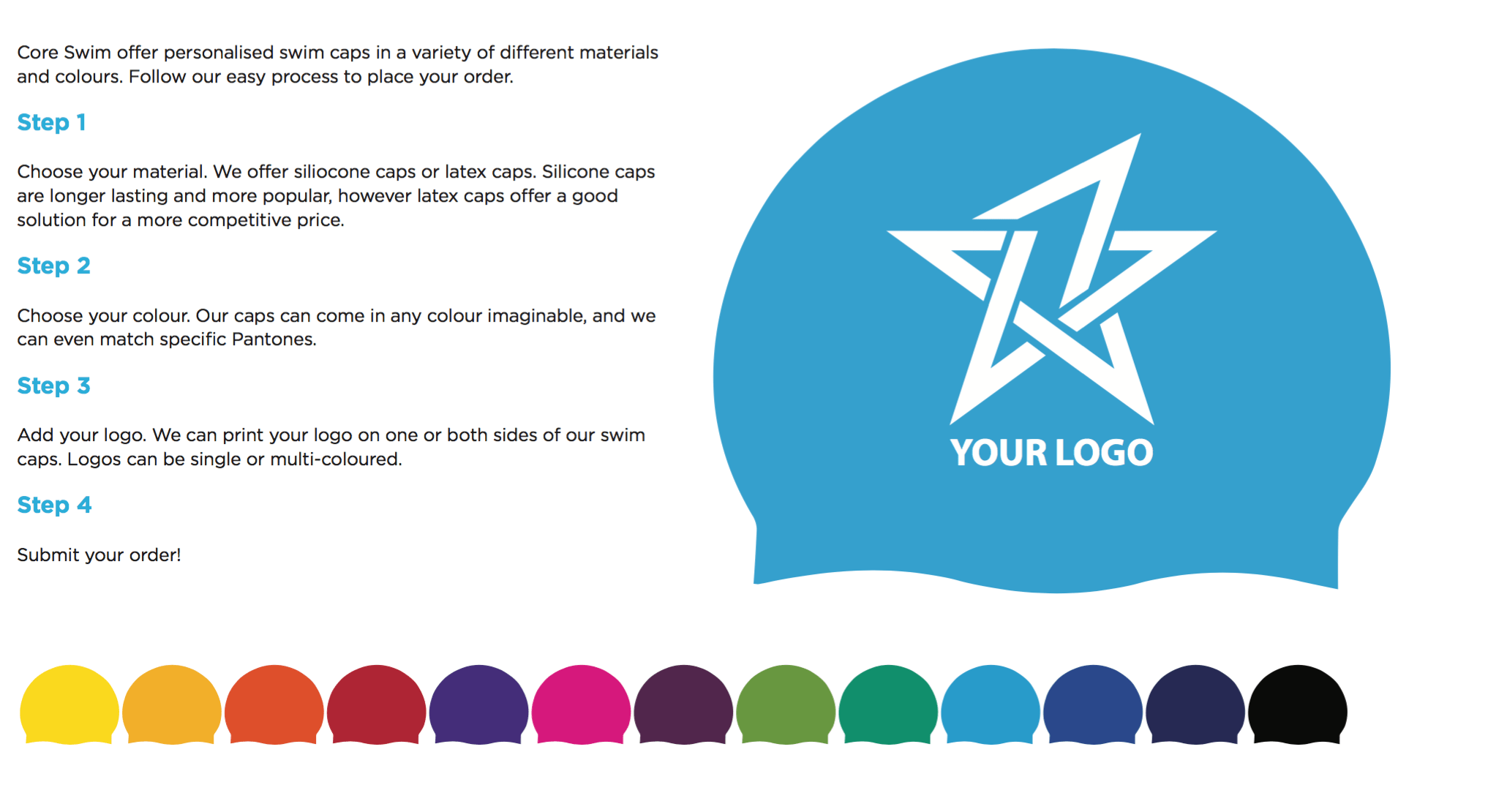 Core Swim offer personalised swim caps in a variety of colours. CORE SWIM