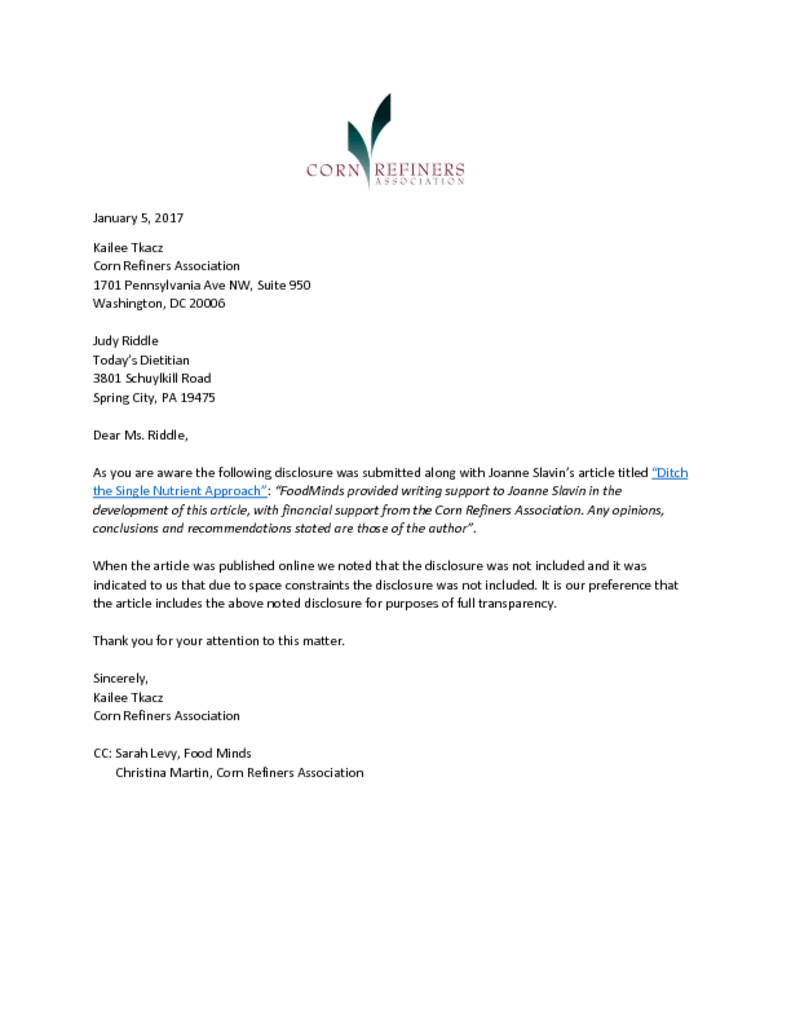 Slavin Disclosure Letter Letterhead Corn Refiners Association