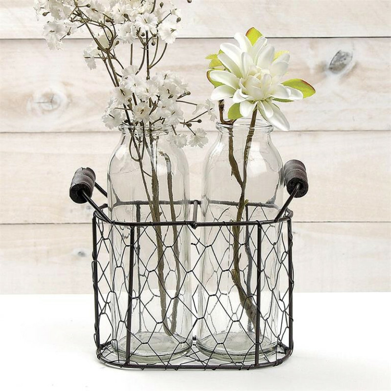 Wire Basket with 2 Glass Bottles Cornucopia