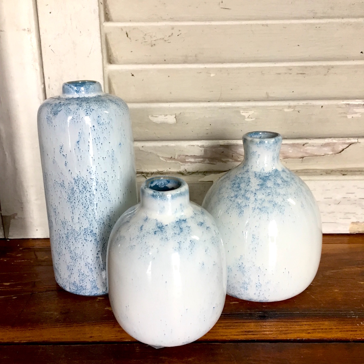 Set of 3 Glazed Pottery Mixed Blue and White Bud Vases Cornucopia