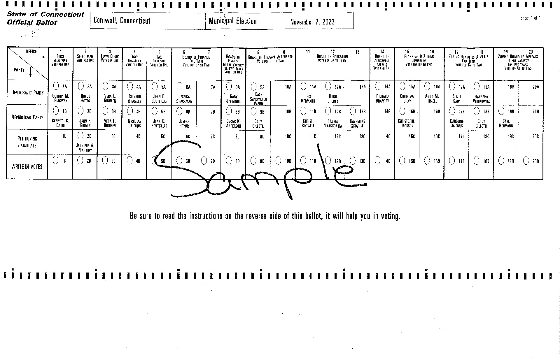 Sample Ballot for the November 7th Municipal Election Cornwall CT