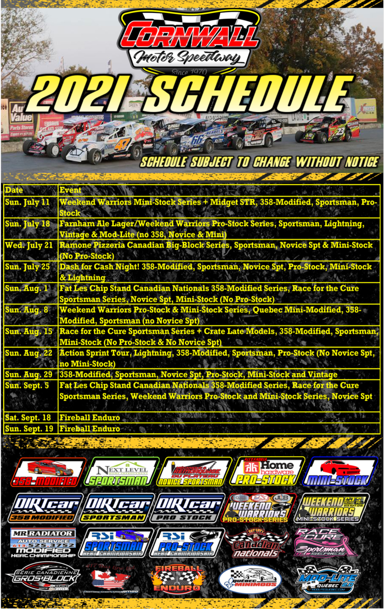 2021 Schedule Cornwall Motor Speedway