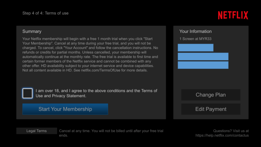 Netflix sign up procedure on Android TV