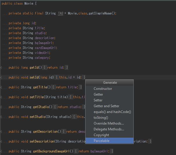 Fast, easy Parcelable implementation with Android studio Parcelable plugin
