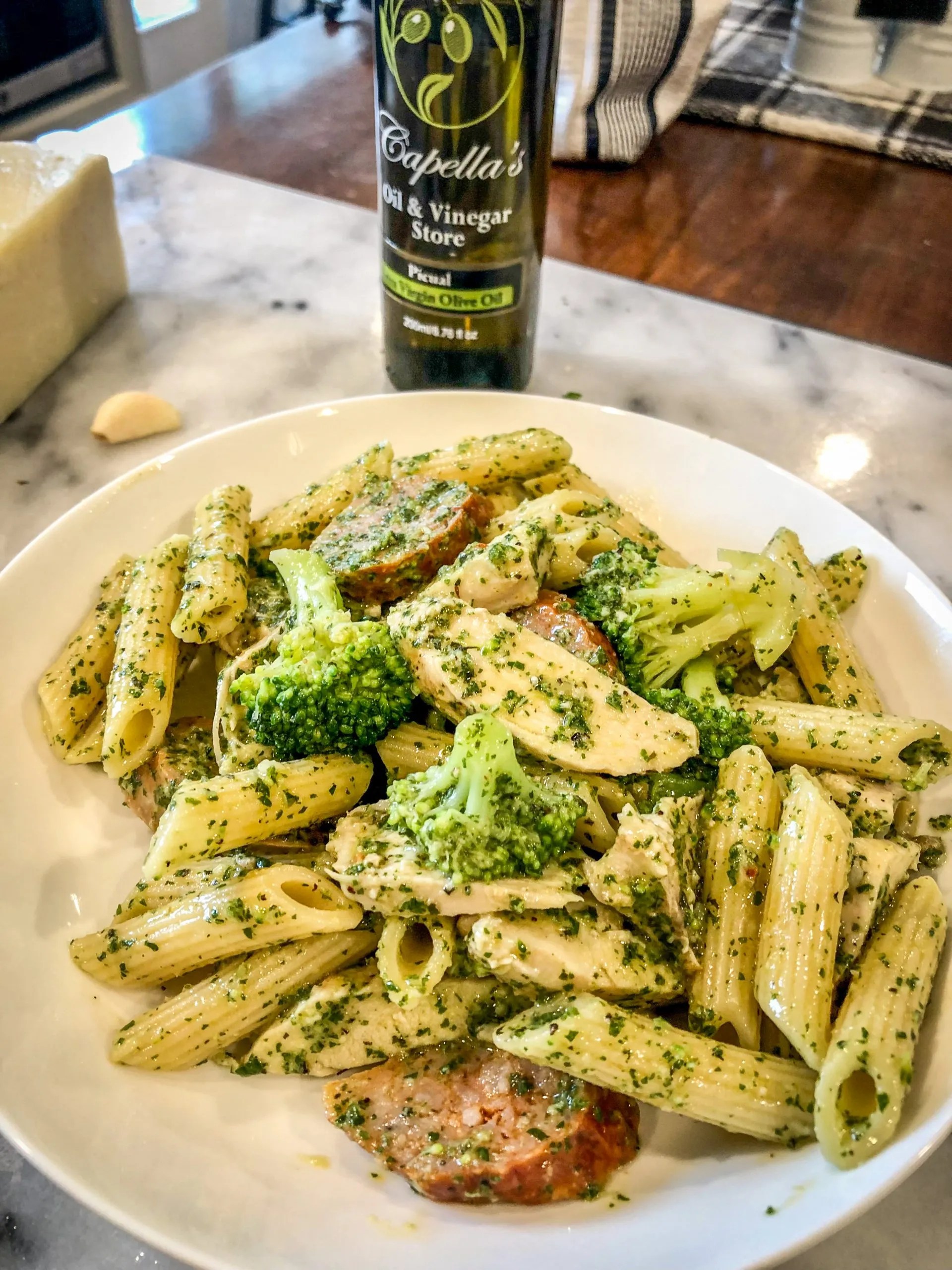 Pesto Penne Pasta with Italian Sausage, Chicken and Broccoli