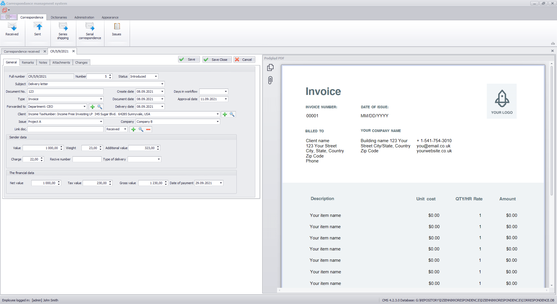 MailroomSystemScreen Correspondence Management System