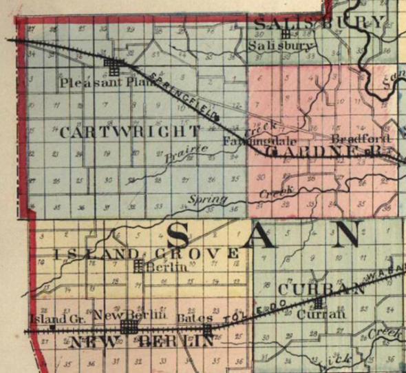 Sangamon County Map Showing Cartwright and Island Grove Townships