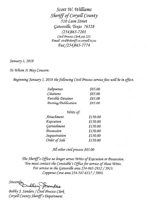 Civil Process Fees Snippet Coryell County Sheriff