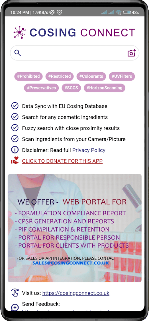 Cosing Connect Cosmetic ingredients database from regulatory