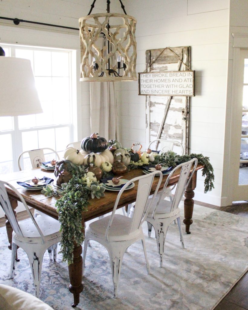 Farmhouse Fall Dining Room Decor Navy and Copper Pumpkins! Cotton Stem