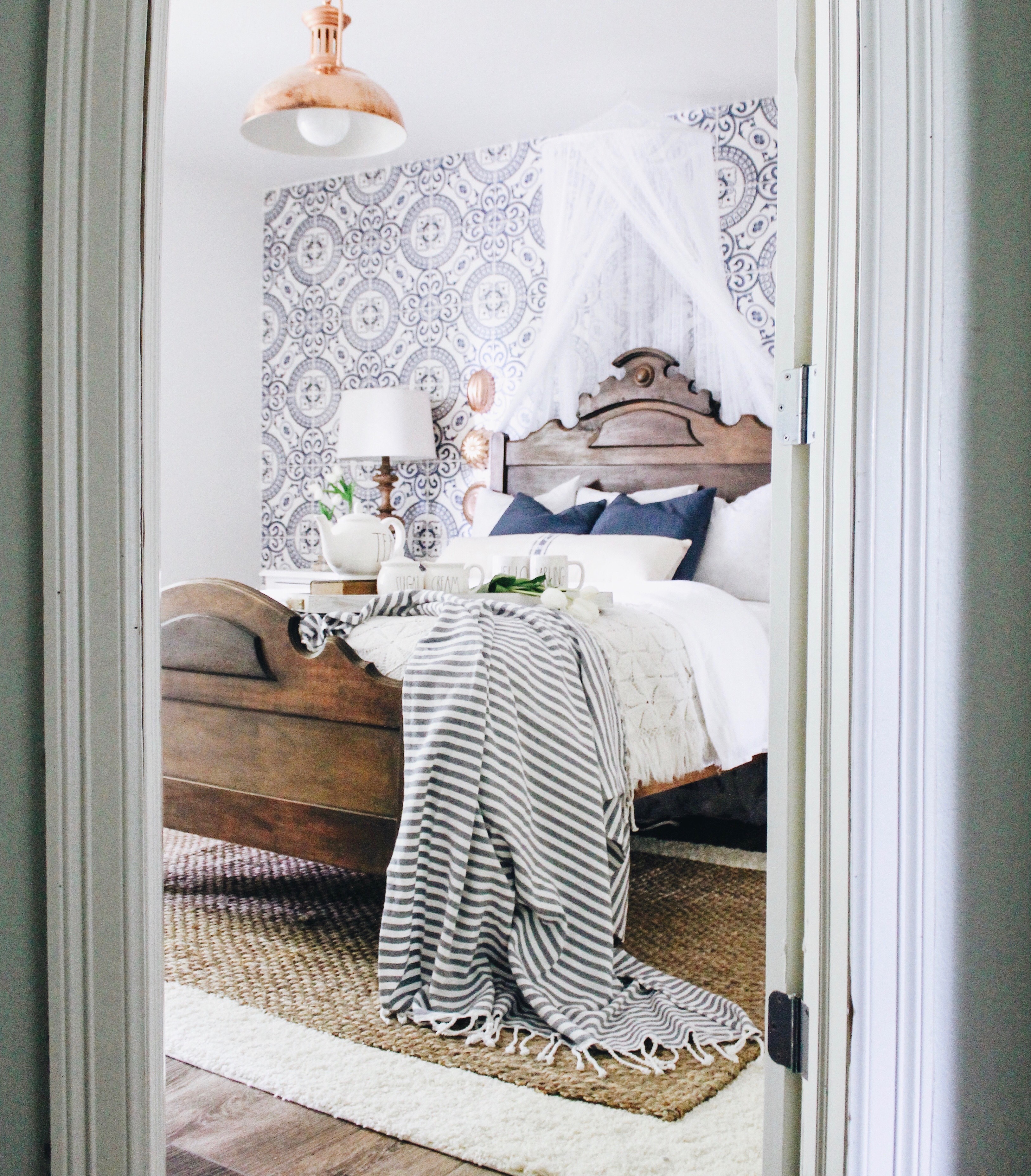 farmhouse bedroom decor vintage cottage navy blue