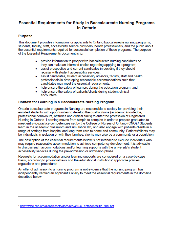 Essential Requirements for Study in Baccalaureate Nursing Programs in