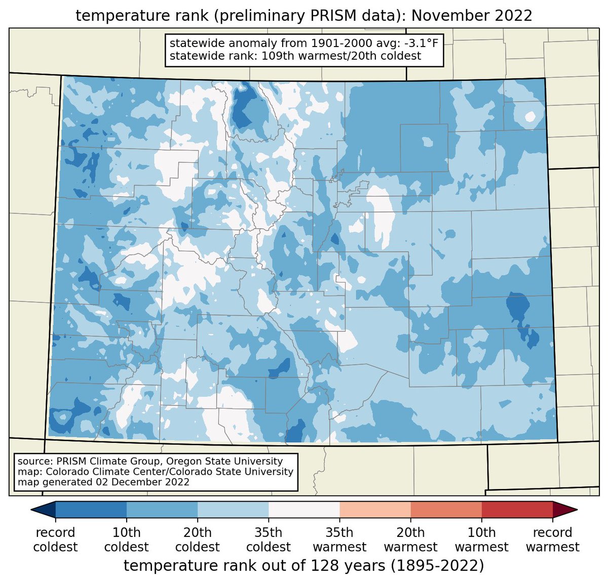 Preliminary temperature rank map for Colorado has November 2022 as the 20th coldest in the 128