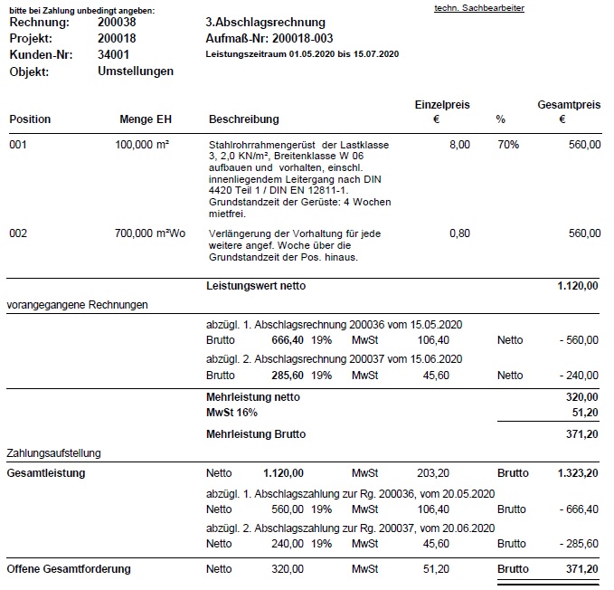 Wie ist die Darstellung einer Abschlagsrechnung oder Schlussrechnung