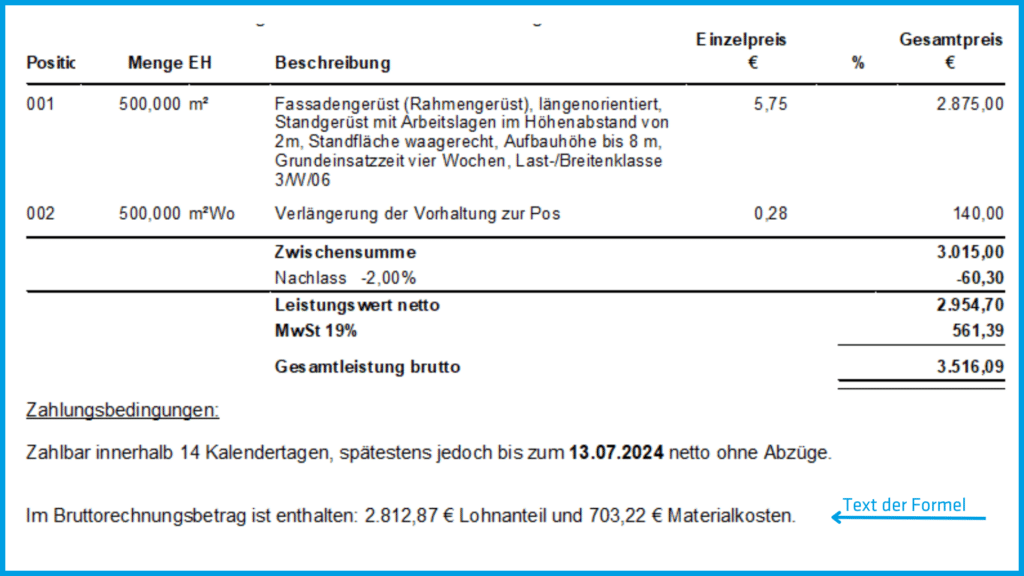 Rechnung Aufteilung der Lohnkosten (nach § 35a EStG) CPPro