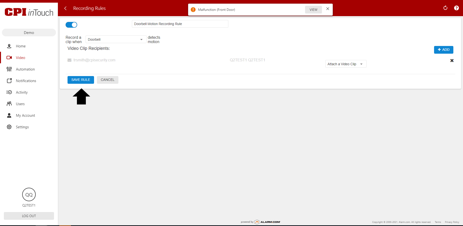 Why is my doorbell camera not saving video clips? CPI Security®