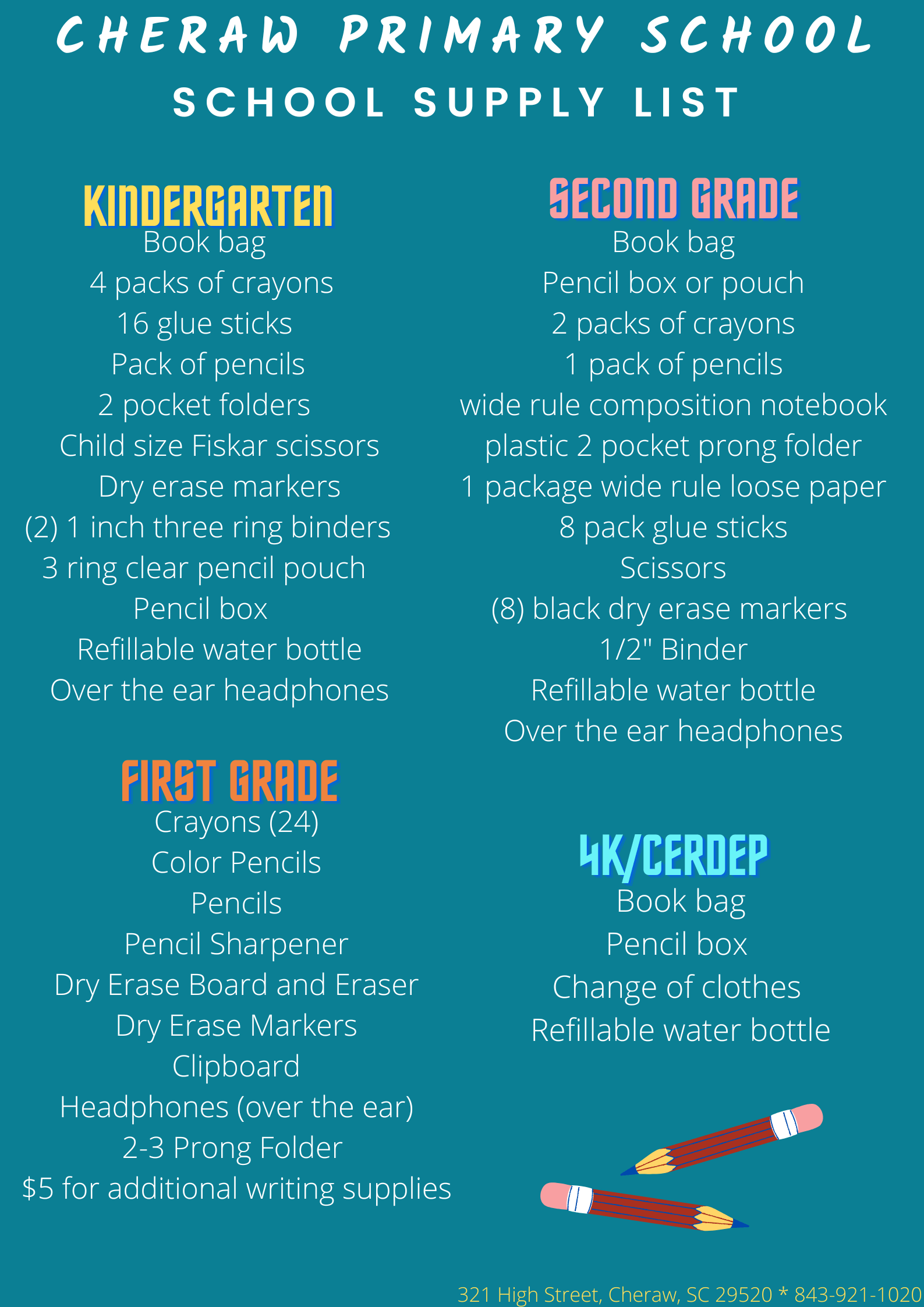 School Supply Lists Cheraw Primary School