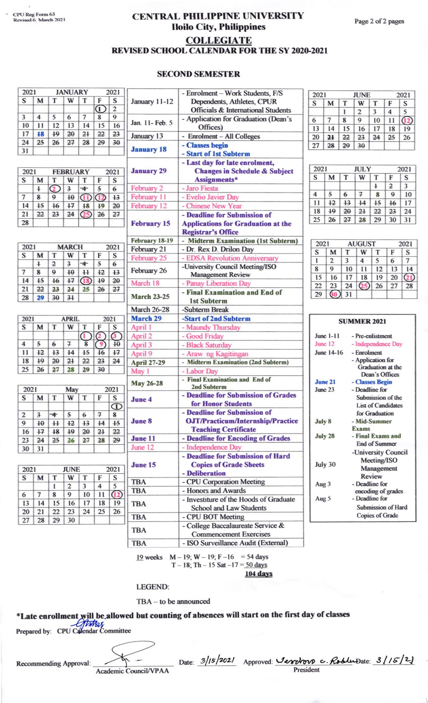 central michigan university academic calendar 2023 23 College Calendar Central Philippine University