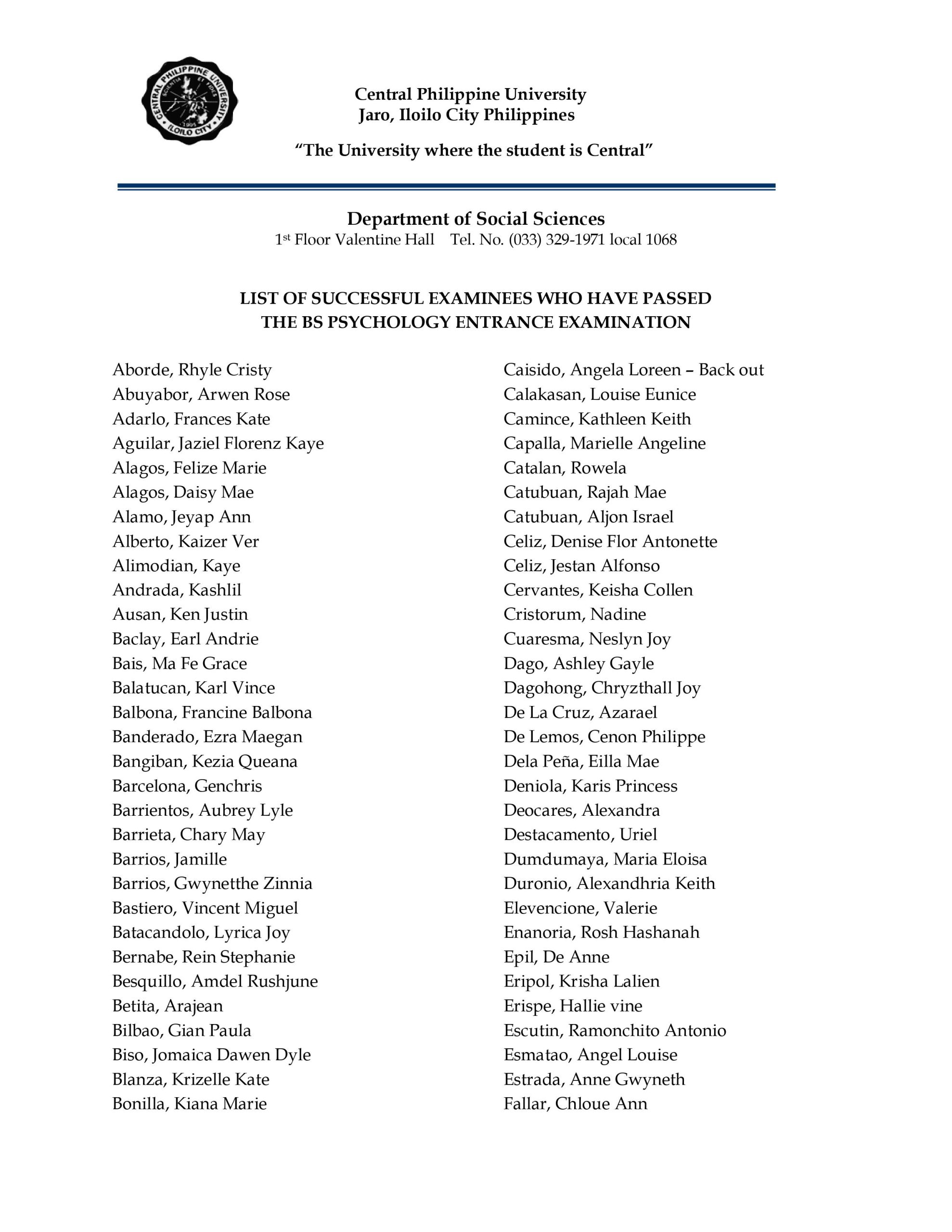 LIST OF SUCCESSFUL EXAMINEES WHO HAVE PASSED THE BS PSYCHOLOGY ENTRANCE