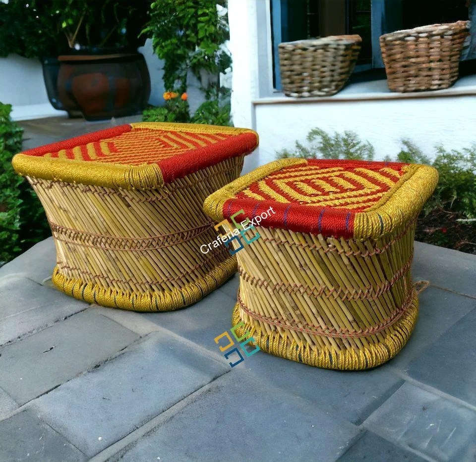 Buy bamboo cane mudda stool set in square shaped Craferia
