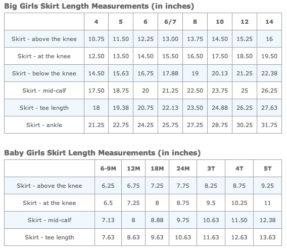 Girls Skirt Length Chart